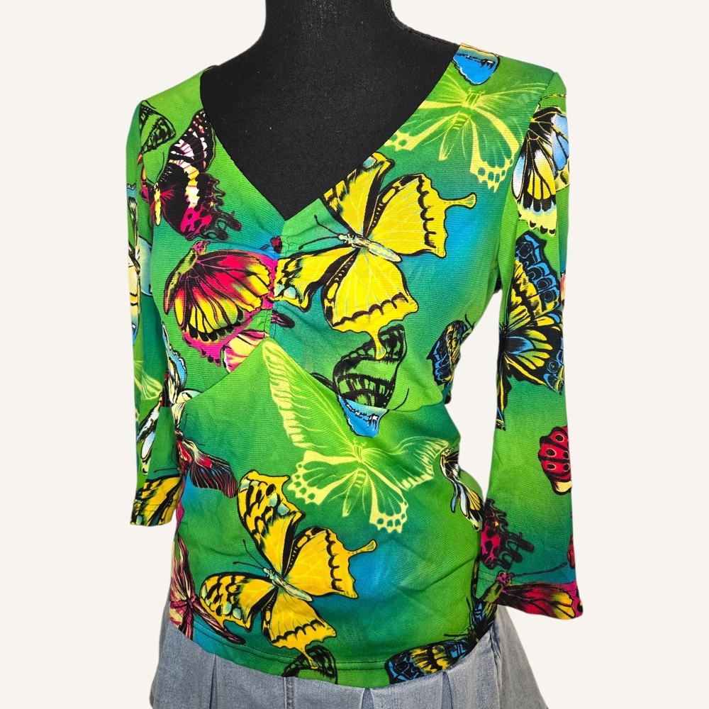 Y2k Micromesh Green and Yellow Butterfly Print Top !